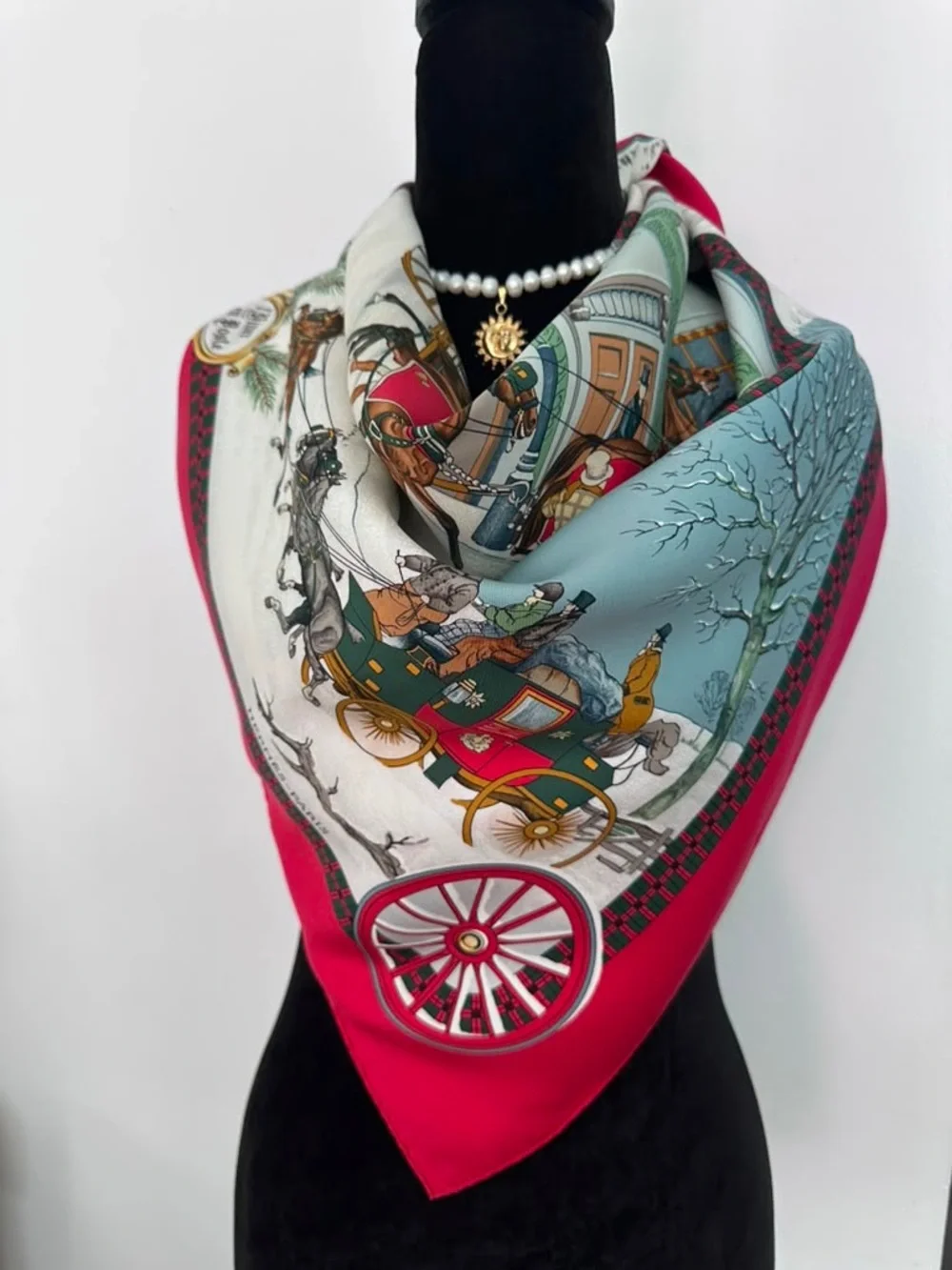 Hermes Silk Scarf Red White Hand Rolled Made in France